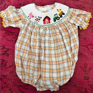 Plaid Smocked Farm-Themed Kids One Piece